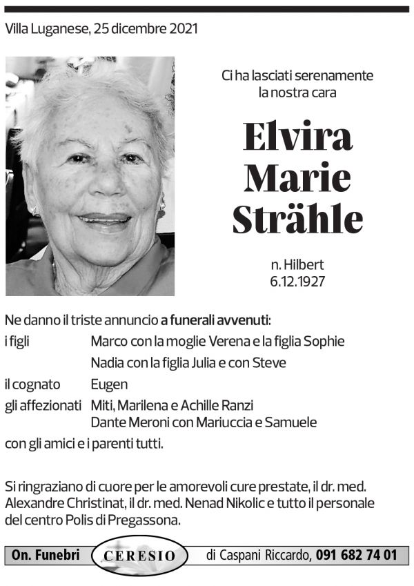 Annuncio funebre Elvira Marie Strähle