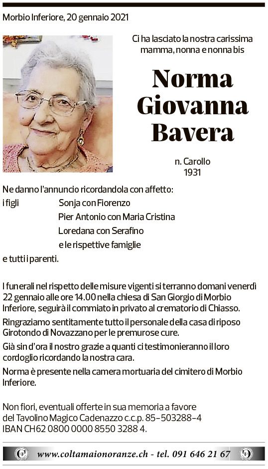 Annuncio funebre Norma Giovanna Bavera