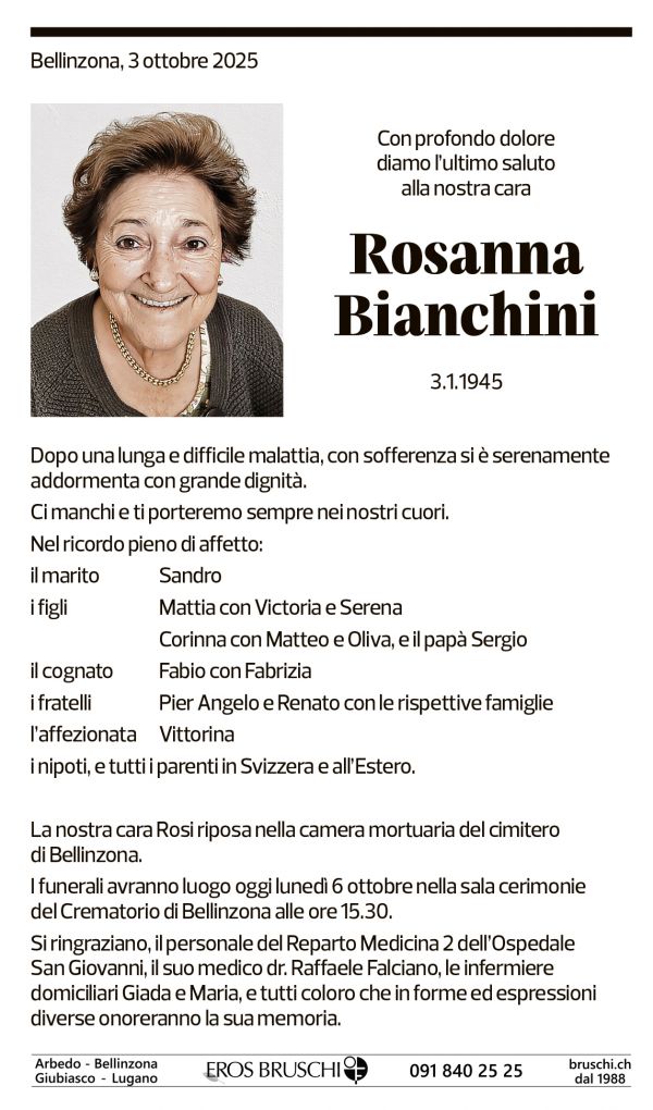 Annuncio funebre Rosanna Bianchini