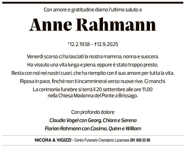 Annuncio funebre Anne Rahmann
