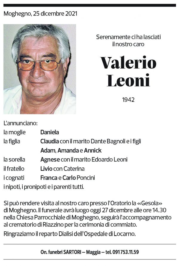 Annuncio funebre Valerio Leoni