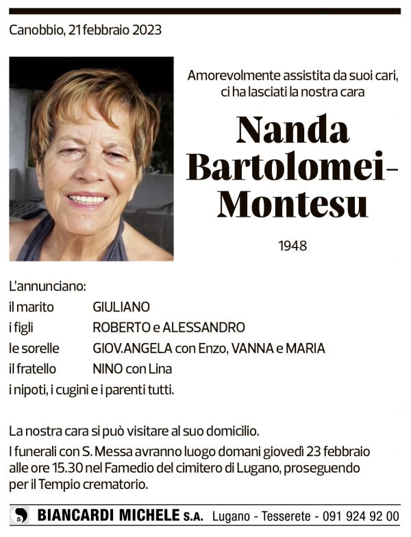 Annuncio funebre Nanda Bartolomei Montesu