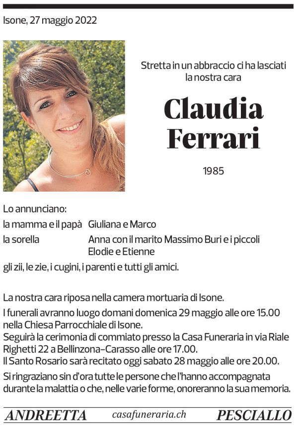 Annuncio funebre Claudia Ferrari