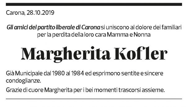 Annuncio funebre Margherita Kofler