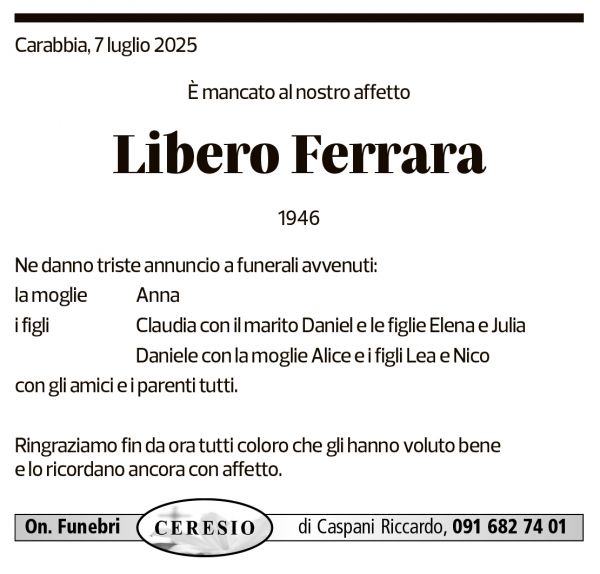 Annuncio funebre Libero Ferrara