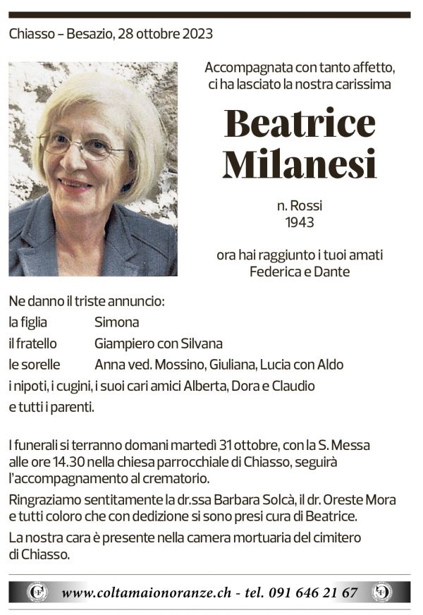 Annuncio funebre Beatrice Milanesi