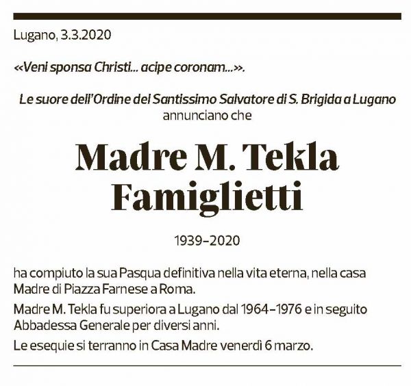 Annuncio funebre Madre M Tekla Famiglietti