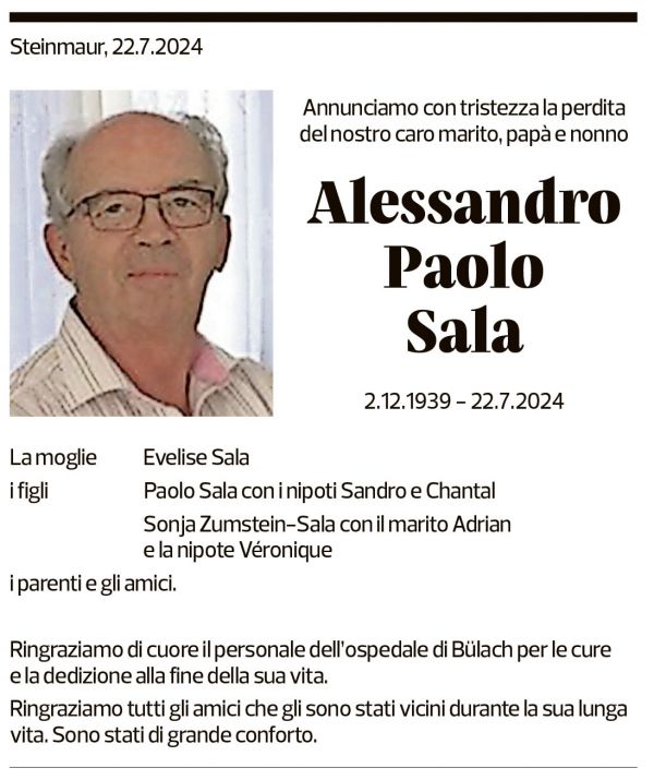 Annuncio funebre Alessandro Paolo Sala