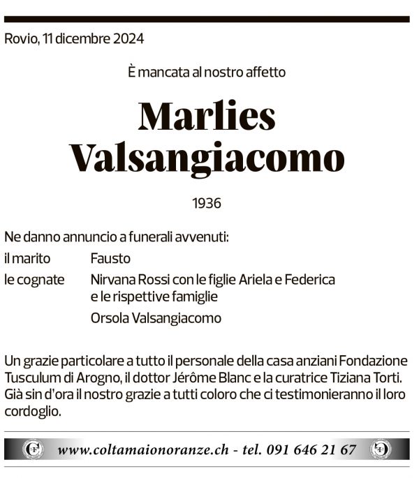 Annuncio funebre Marlies Valsangiacomo