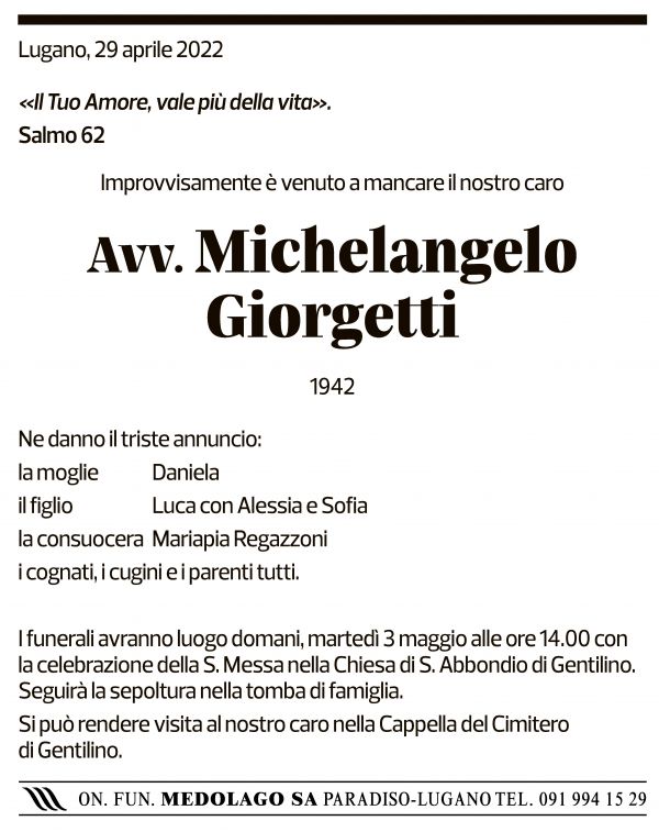 Annuncio funebre Avv. Michelangelo Giorgetti