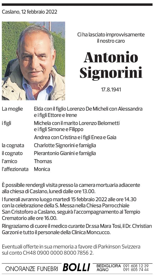 Annuncio funebre Antonio Signorini