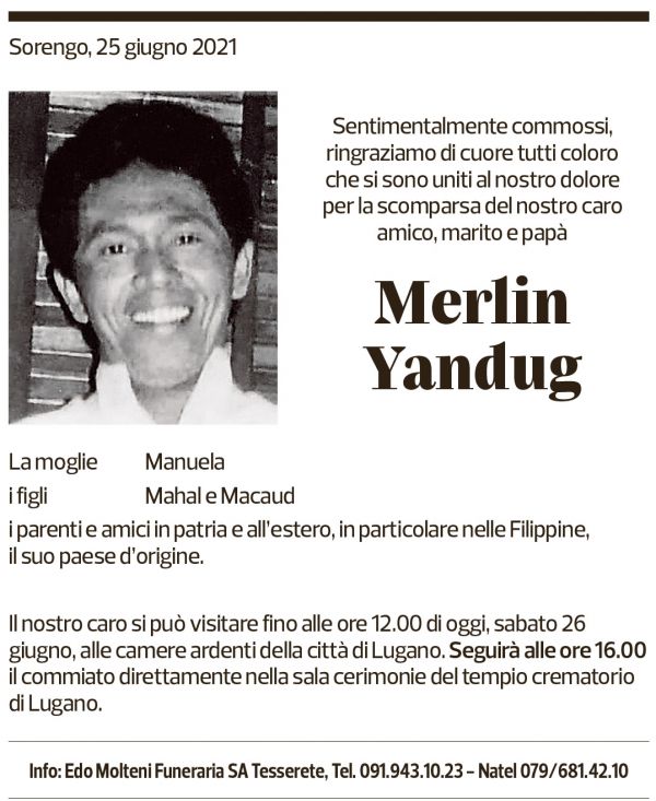 Annuncio funebre Merlin Yandug