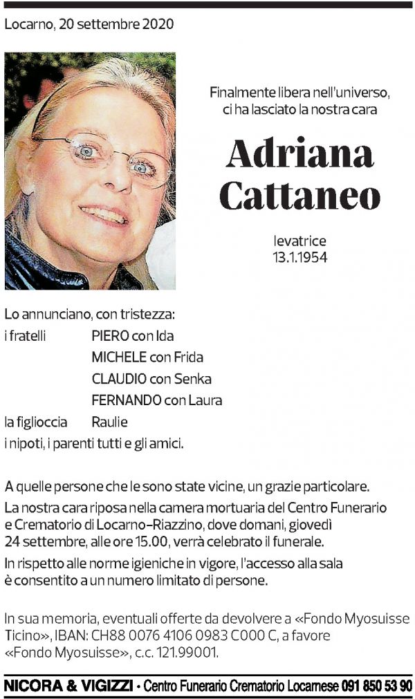 Annuncio funebre Adriana Cattaneo