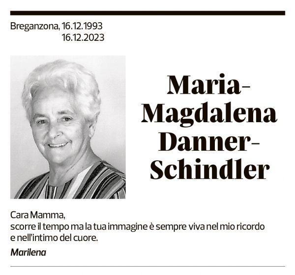 Annuncio funebre Maria Magdalena Danner-schinder