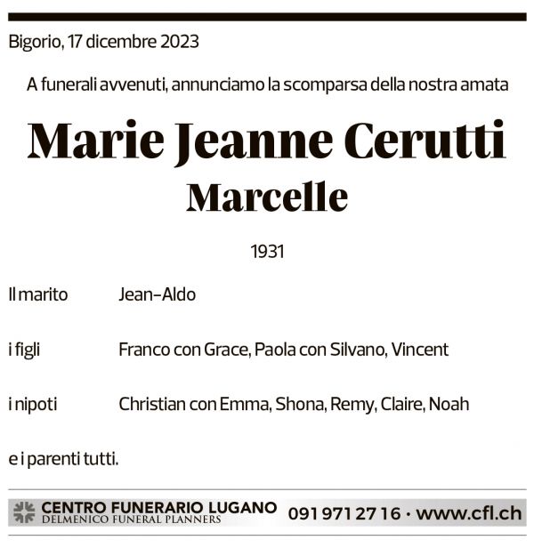 Annuncio funebre Marie Jeanne Cerutti