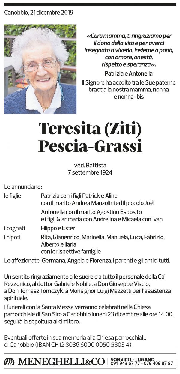 Annuncio funebre Teresita Pescia-grassi