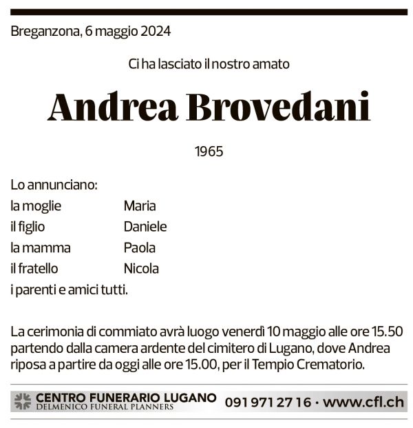 Annuncio funebre Andrea Brovedani