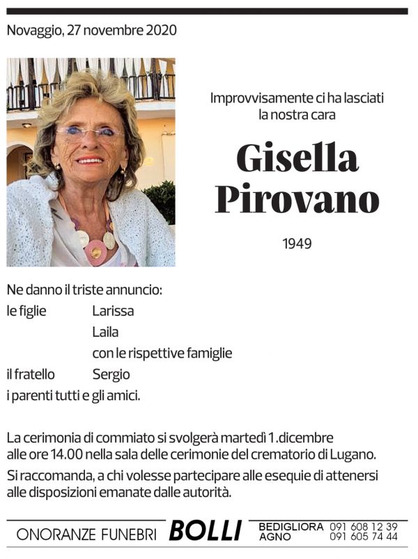 Annuncio funebre Gisella Pirovano