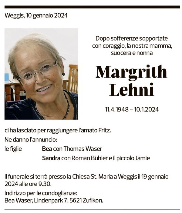 Annuncio funebre Margrith Lehni