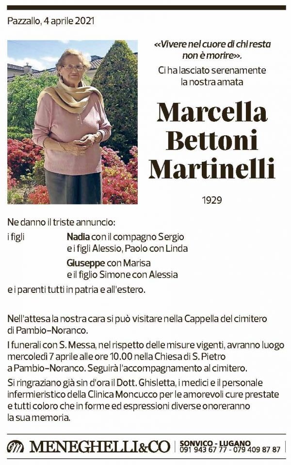 Annuncio funebre Marcella Bettoni  Martinelli