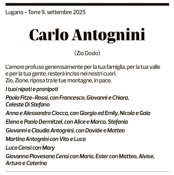 Annuncio funebre Carlo Antognini