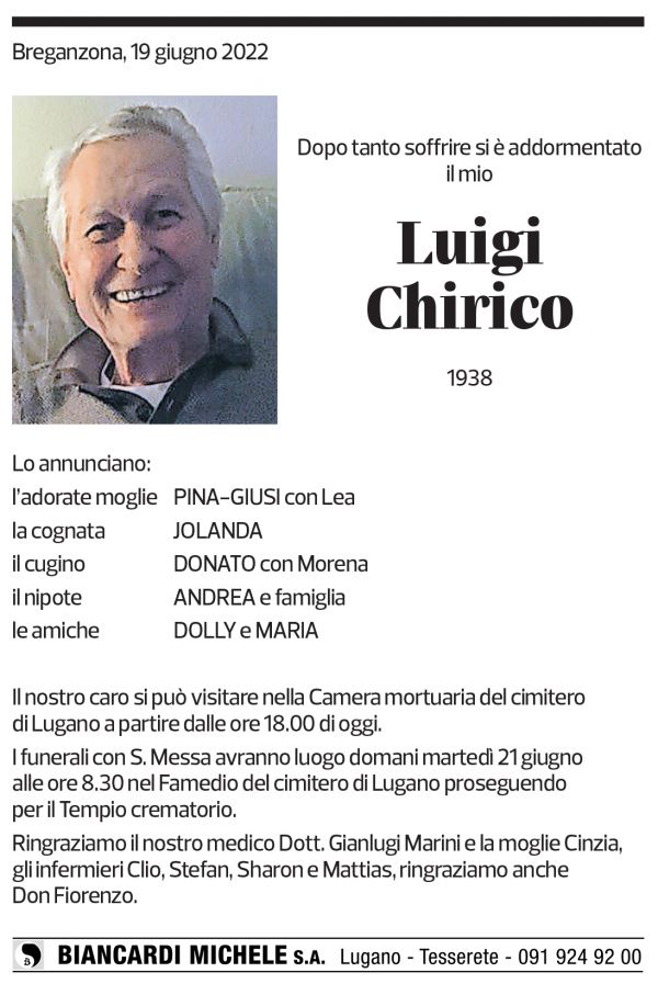 Annuncio funebre Luigi Chirico