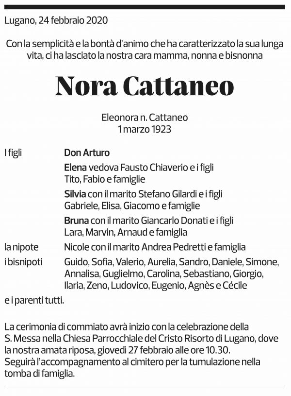 Annuncio funebre Nora Cattaneo