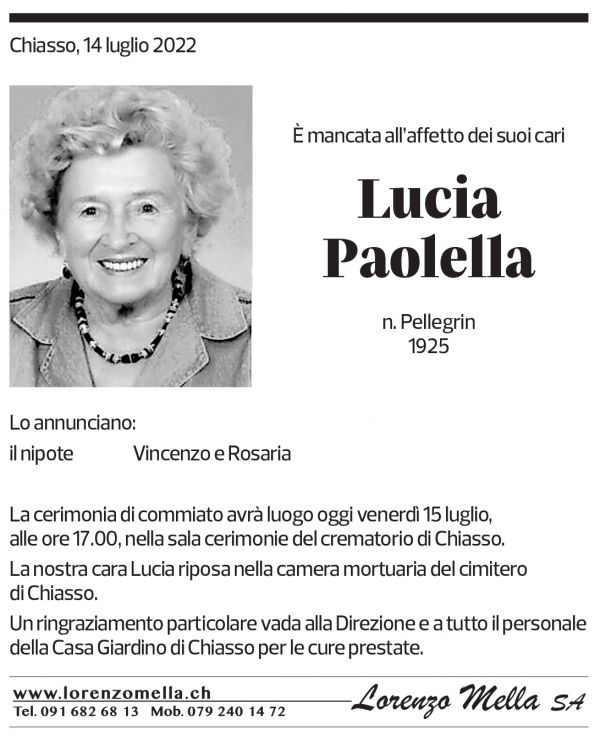 Annuncio funebre Lucia Paolella