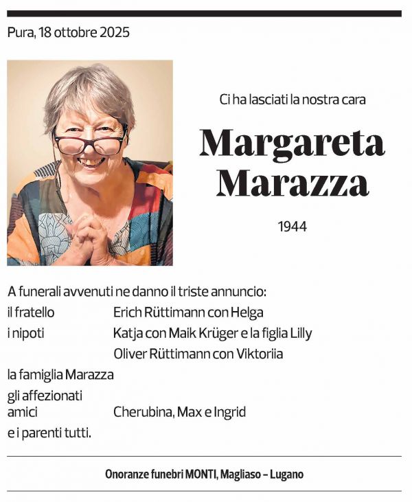 Annuncio funebre Margareta Marazza