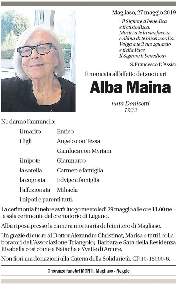 Annuncio funebre Alba Maina