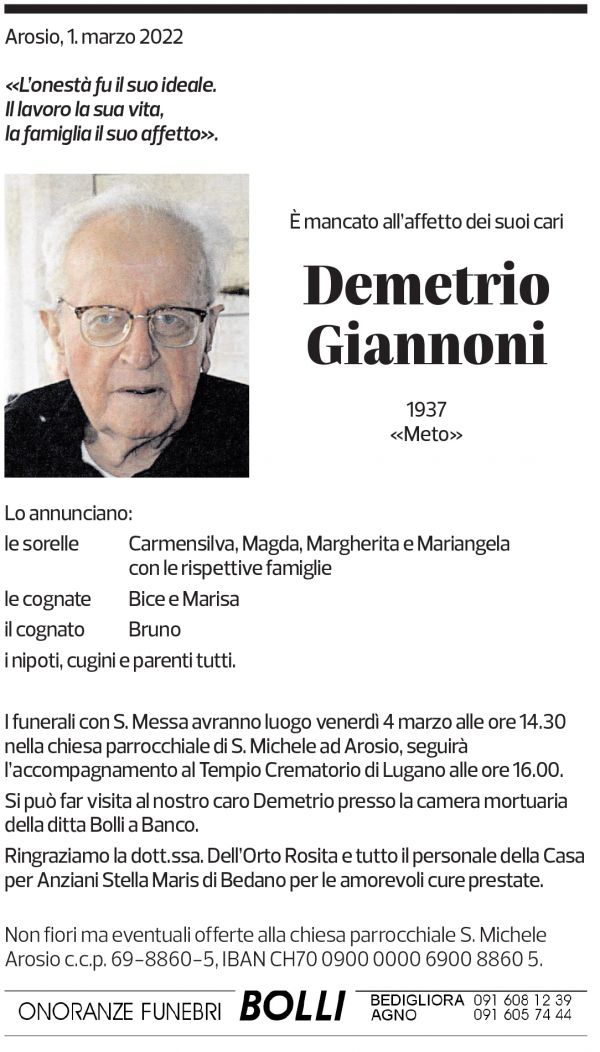 Annuncio funebre Demetrio Giannoni