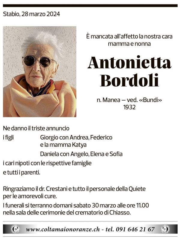 Annuncio funebre Antonietta Bordoli