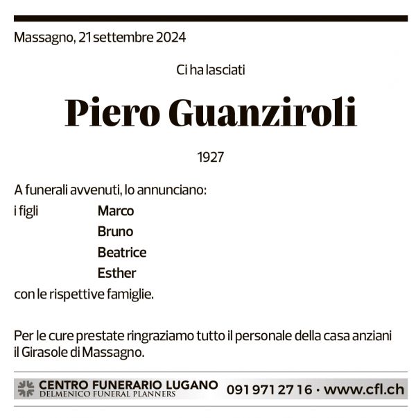 Annuncio funebre Piero Guanziroli