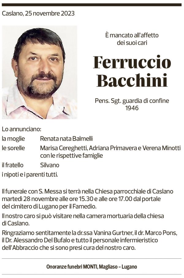 Annuncio funebre Ferruccio Bacchini