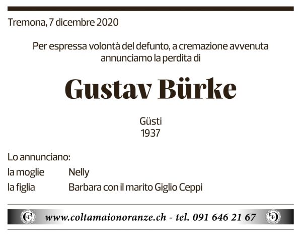 Annuncio funebre Gustav Bürke