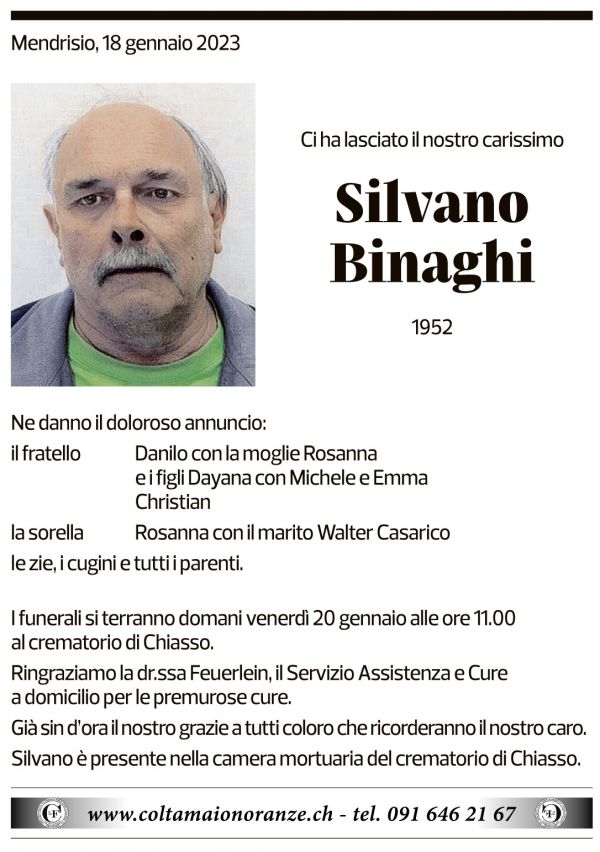 Annuncio funebre Silvano Binaghi