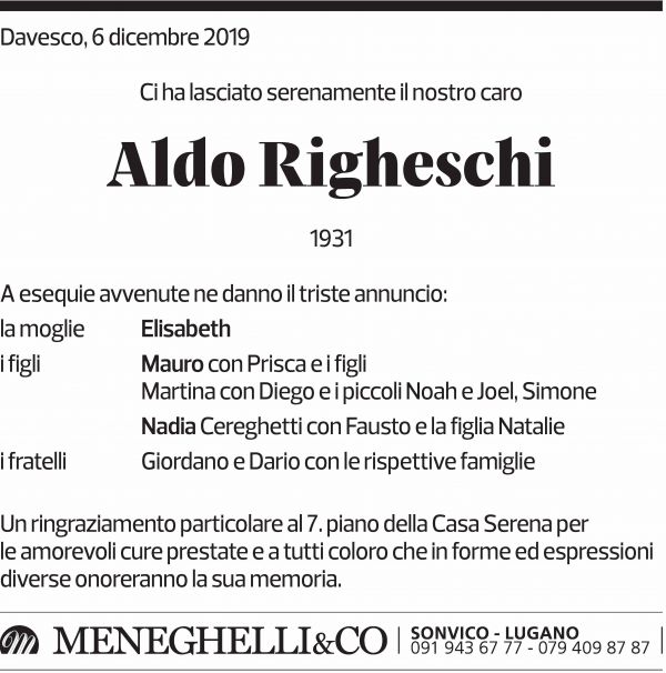 Annuncio funebre Aldo Righeschi