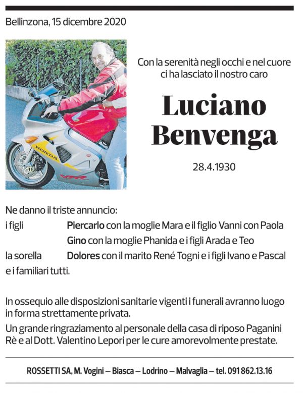 Annuncio funebre Luciano Benvenga