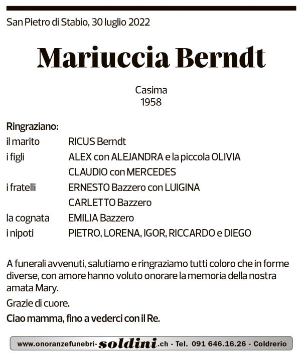 Annuncio funebre Mariuccia Berndt