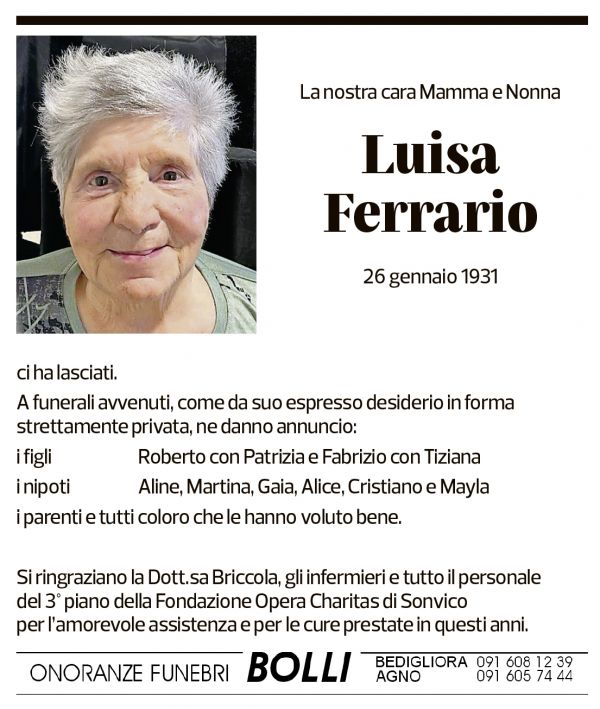 Annuncio funebre Luisa Ferrario