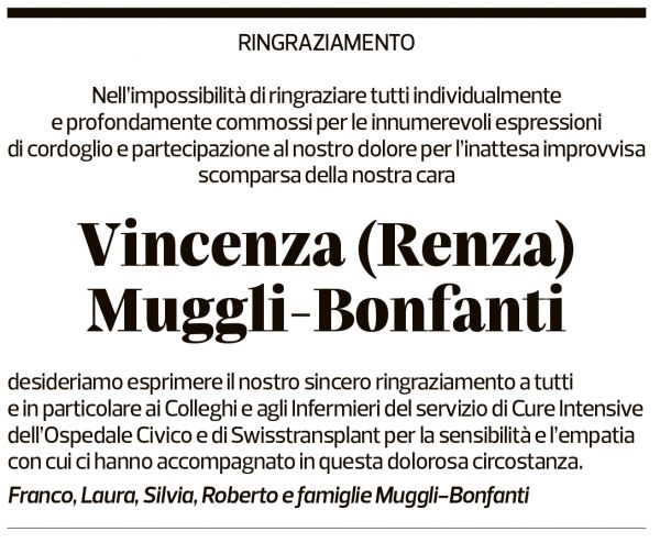 Annuncio funebre Vincenza Muggli Bonfanti