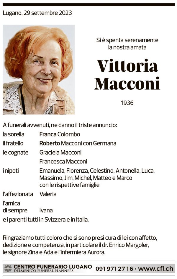 Annuncio funebre Vittoria Macconi