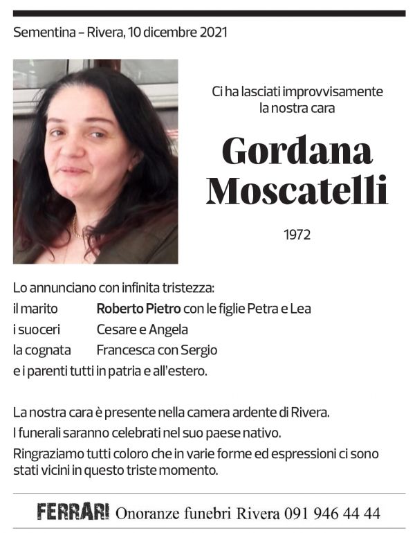 Annuncio funebre Gordana Moscatelli