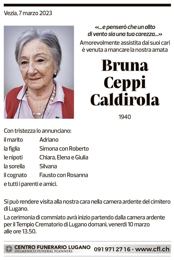 Annuncio funebre Bruna Ceppi Caldirola