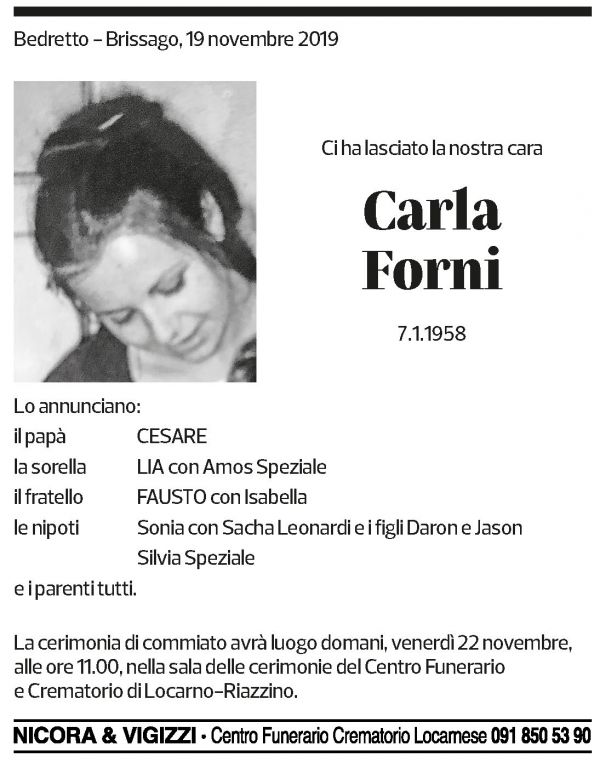 Annuncio funebre Carla Forni