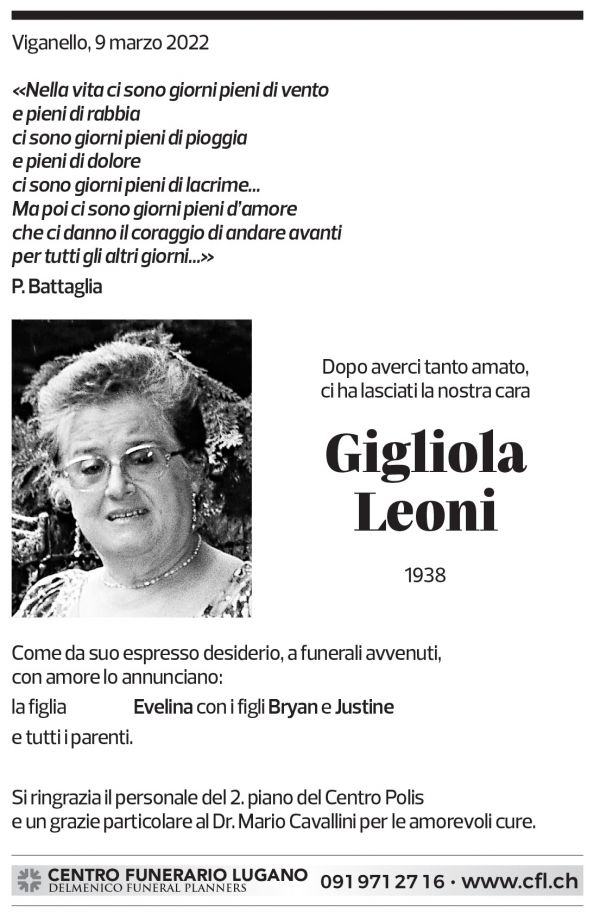 Annuncio funebre Gigliola Leoni