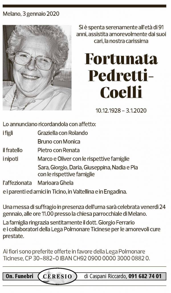 Annuncio funebre Fortunata Pedretti-coelli