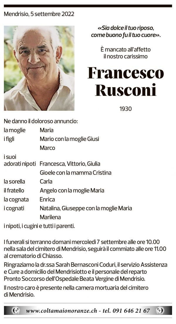 Annuncio funebre Francesco Rusconi