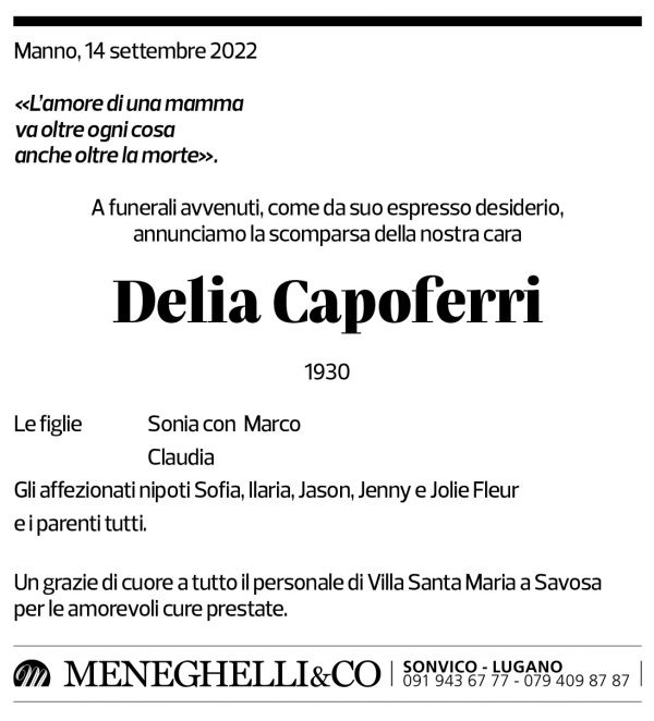 Annuncio funebre Delia Capoferri