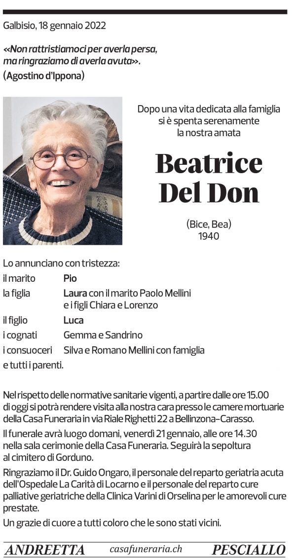 Annuncio funebre Beatrice Del Don